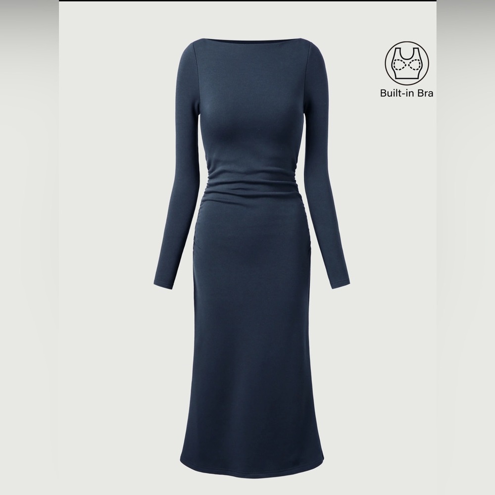 OGL MaxWarm Thermal Boatneck Ruched Sides Brami MidiDress Ink Blue Size S